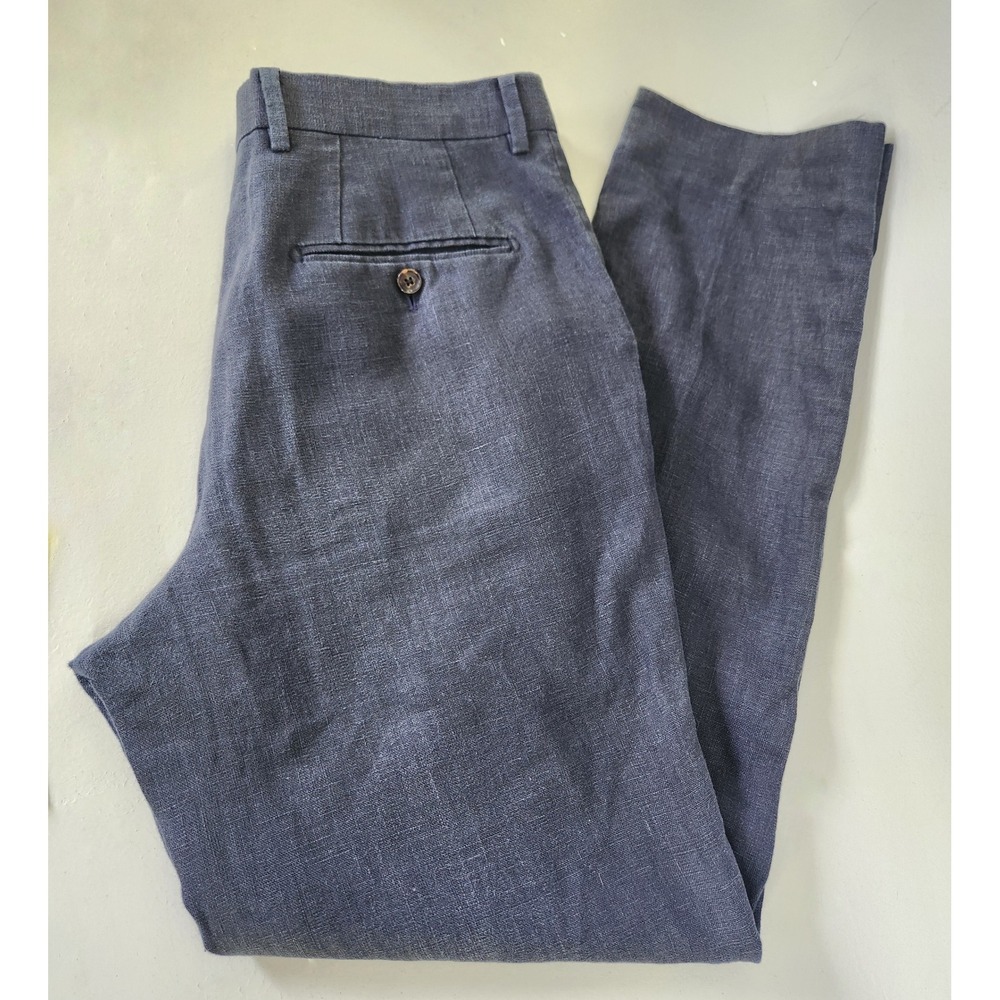 Spier & Mackay Trousers Mens 32  Navy Blue 100% Linen Flat Front Pants Classic